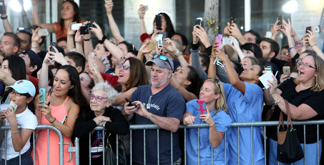 BROOKLINE, MA - SEPTEMBER 15: Crowd cheers as actors arrive at the premier of the movie Black Mass at the Coolidge Corner Theater in Brookline, Mass. Sept. 15, 2015. (Photo by John Blanding/The Boston Globe via Getty Images)